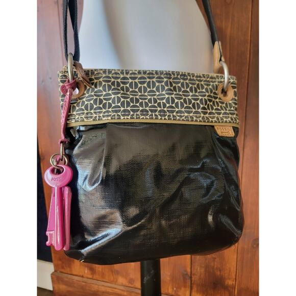 Fossil Key●Per Crossbody Purse Dot Canvas Faux Leather Y2K 2000 Adjustable Strap - Picture 3 of 16